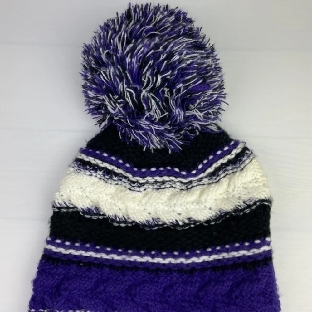 Joes Winter Hat Striped Knit Purple Black White Pom Pom Beanie Winter Hat